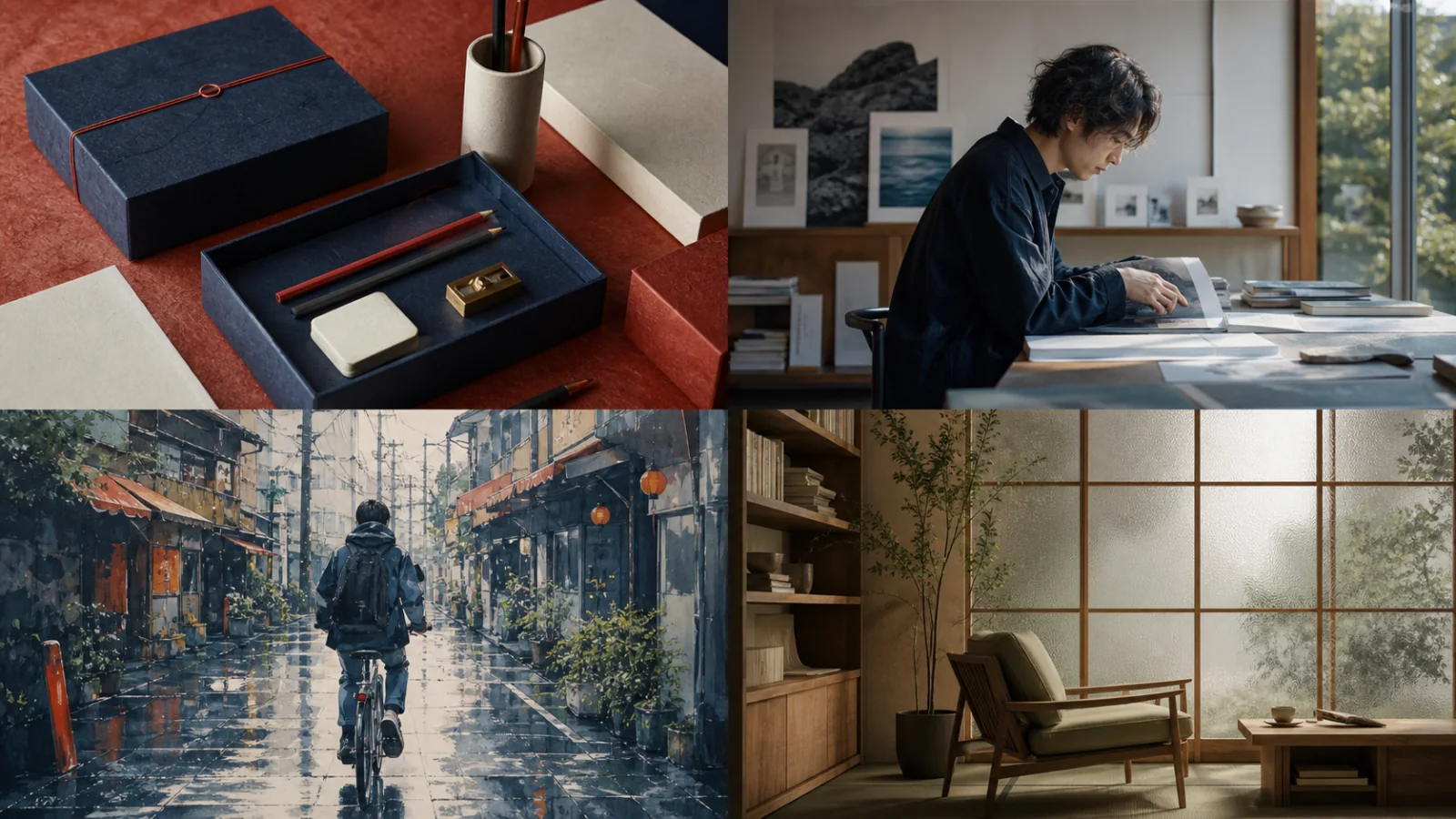 商品撮影、人物を含む編集写真、物語のあるイラスト、空間コンセプトという4つの方向で、汎用ワークスペースの使い分けを示しています。