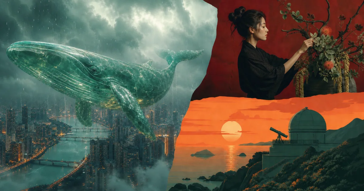 玻璃鲸、花艺人物和海边观测站组成的三种AI图片创作方向