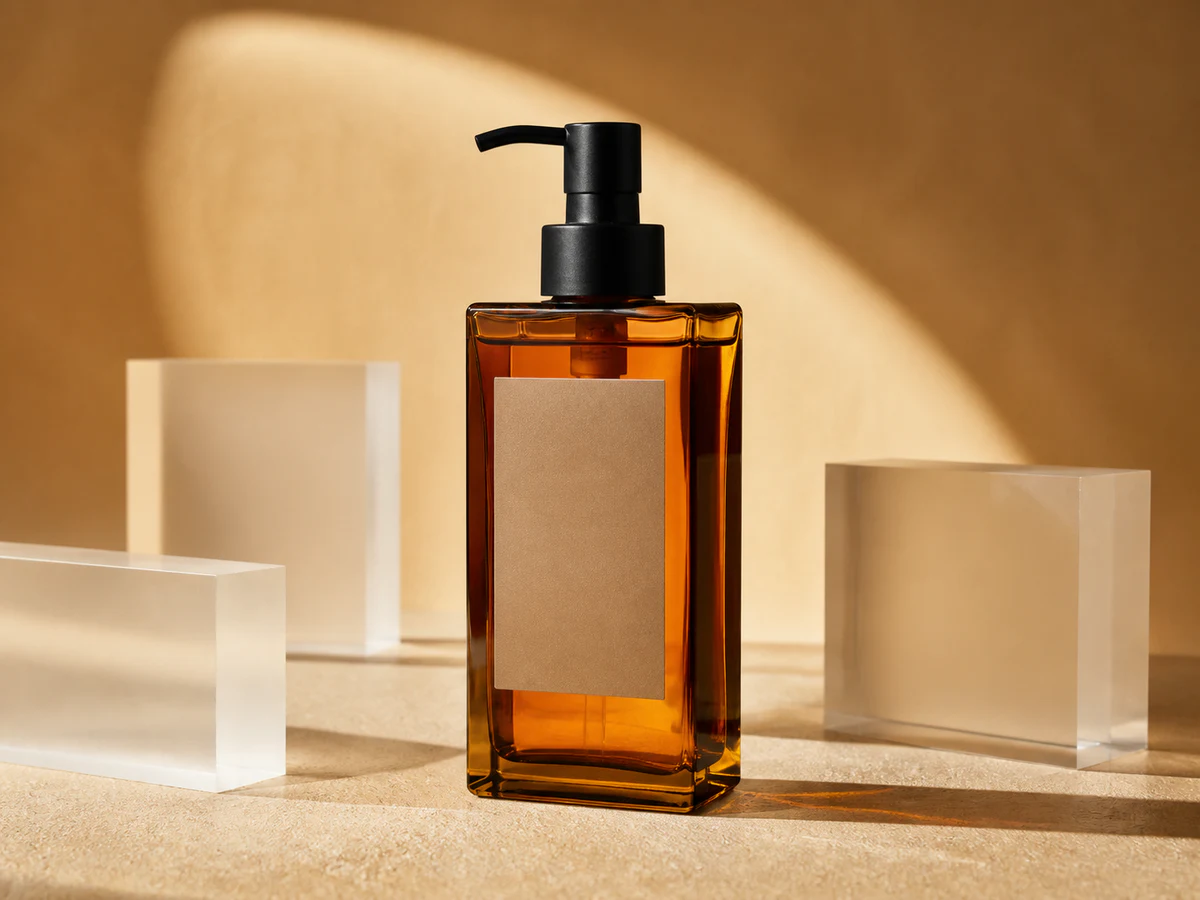 Warm cleansing-oil launch — Use amber glass, frosted acrylic, and one controlled light direction without losing the pump silhouette.