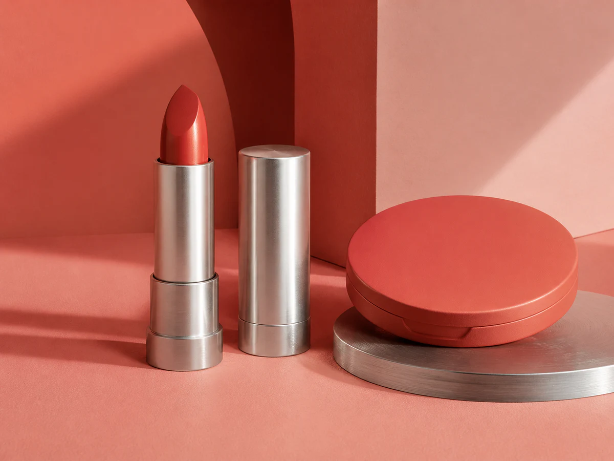 Color-cosmetics material study — Compare lipstick, satin metal, and compact surfaces under clean commercial light.