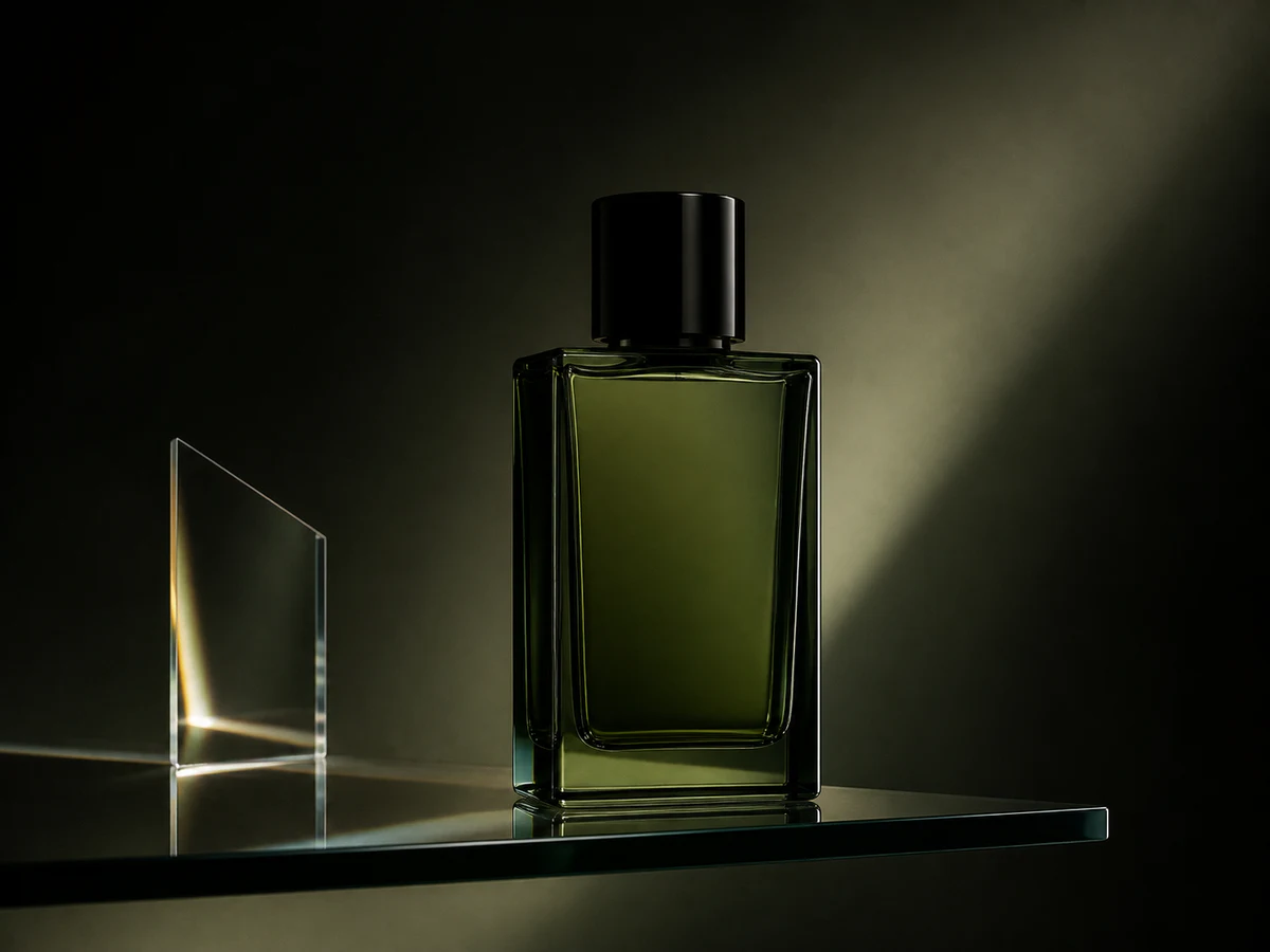 Fragrance reflection control — Use dark glass and a restrained prism to shape depth without covering the bottle.