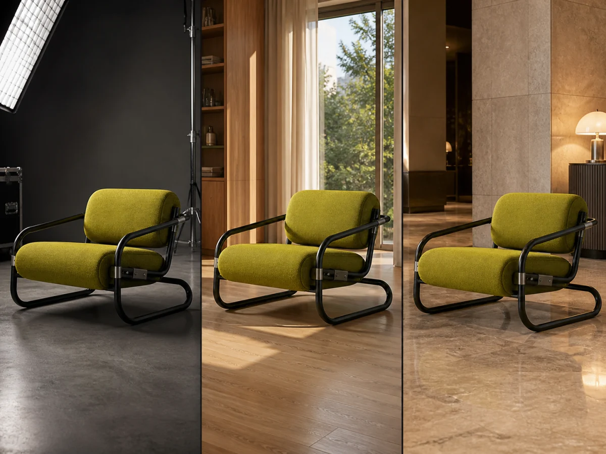 Compare product consistency across scenes — Track silhouette, proportions, upholstery color, frame geometry, and distinctive details as the same chair moves into new environments.