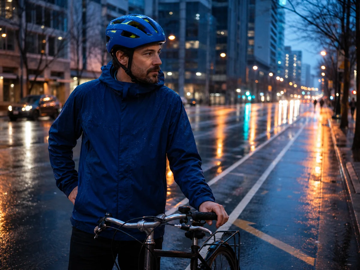 Test whether the idea survives a real context — Move the direction into a wet downtown commute and inspect the rider, bicycle, reflections, scale, and whether the helmet still reads at feed size.