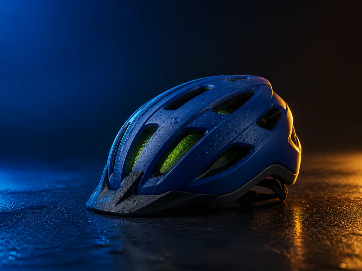 Prove the product silhouette in a studio direction — Start with one cobalt helmet, controlled light, and a quiet surface so shape, vents, material, and focal hierarchy are easy to judge.