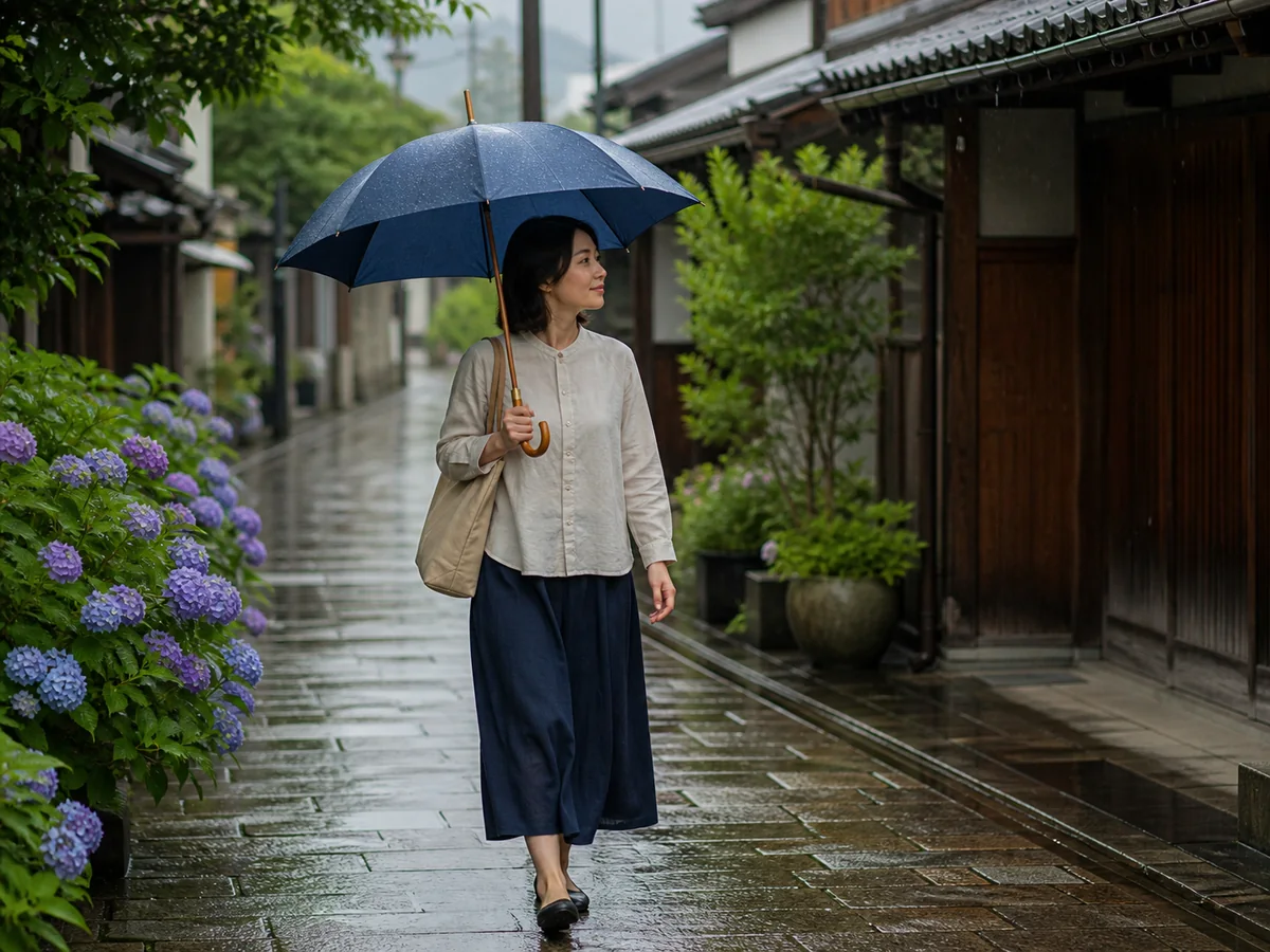 雨の日の使い方を一場面で試す — 商店街の生活シーンに置き、人物の手、傘の大きさ、濡れた路面の反射、遠くからの輪郭を確認します。