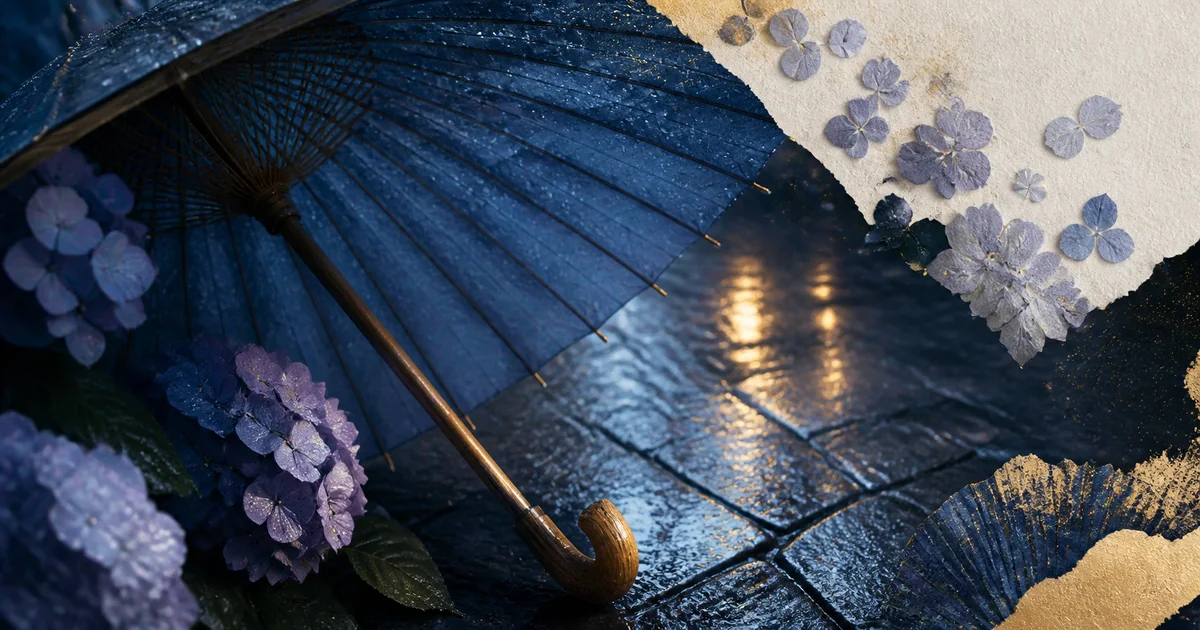 藍色の折りたたみ傘を物撮り、雨の街、版画の方向で比較する企画コラージュ