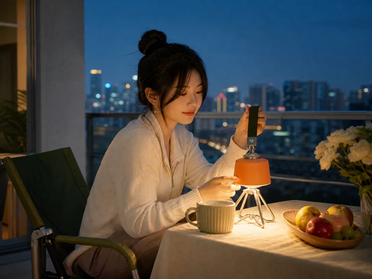 把商品放进真实的城市使用场景 — 让露营灯进入公寓阳台的傍晚内容图，再检查人物手部、商品比例、暖光范围和缩小后的辨识度。