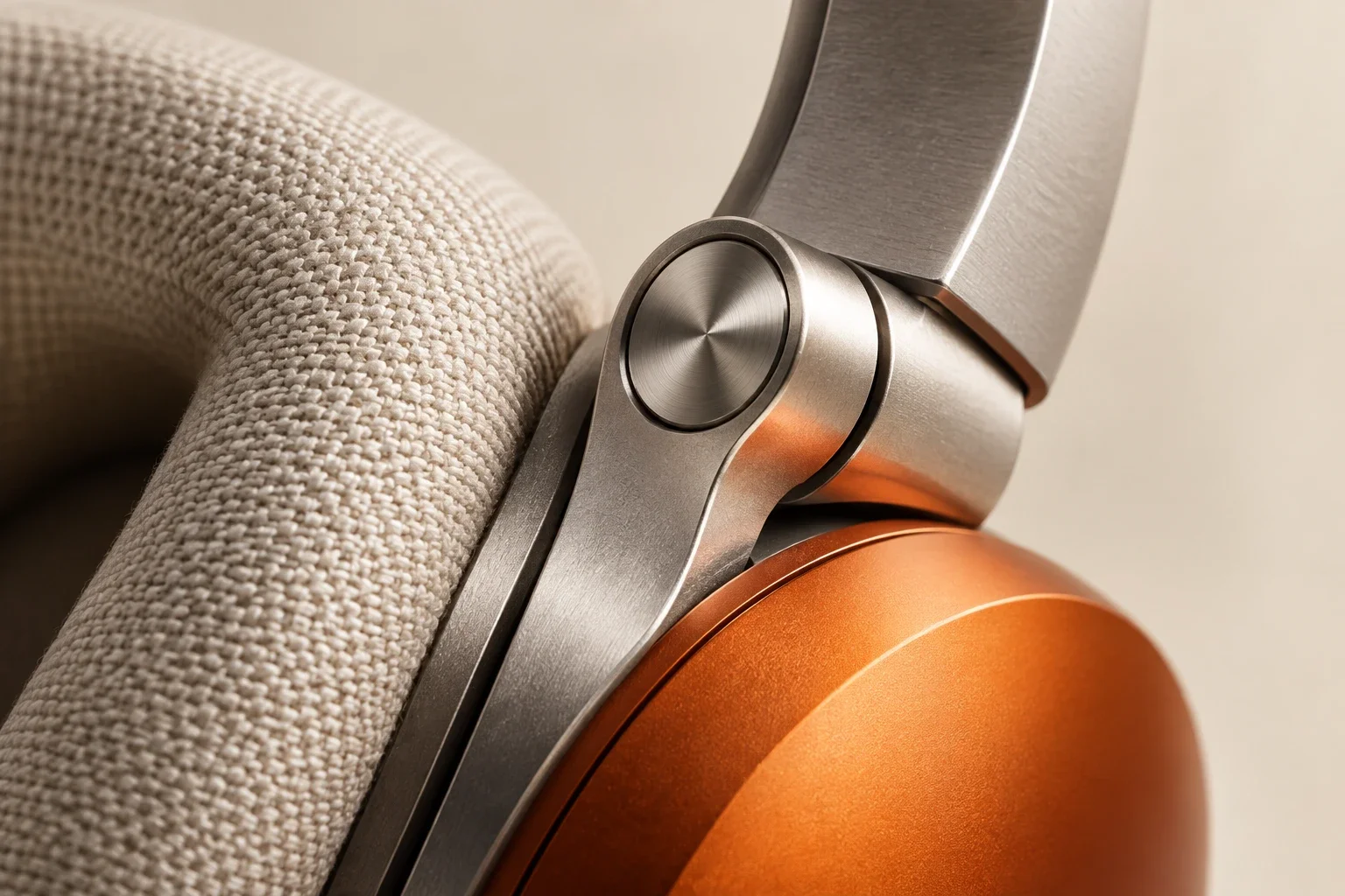 Materials that invite a closer look — Brushed metal, woven fabric, and a curved shell give an industrial designer different surfaces to inspect.