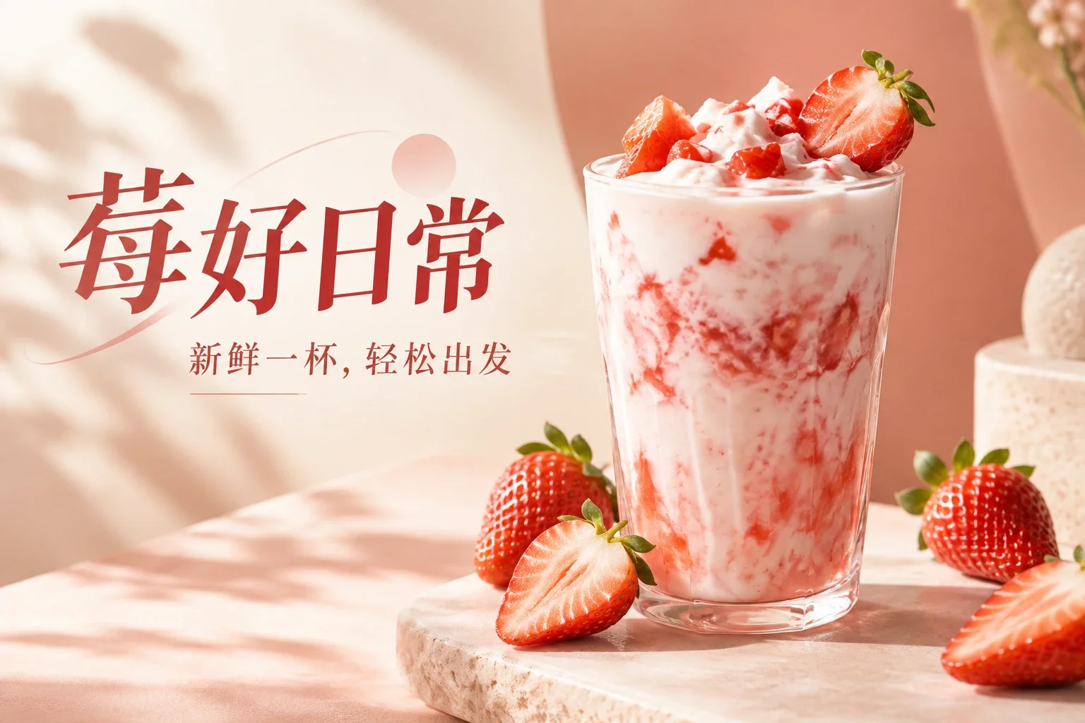 中文饮品海报 — 用“莓好日常”作为短标题，将草莓饮品、辅助文案和留白组织进同一画面。