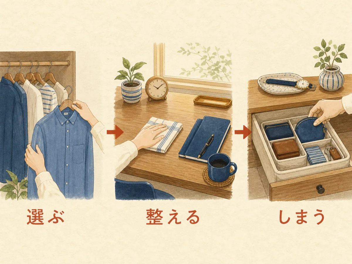 手順を一目で追える図にする — 選ぶ、整える、しまうという流れを、暮らしになじむ挿絵と読みやすい日本語で整理します。