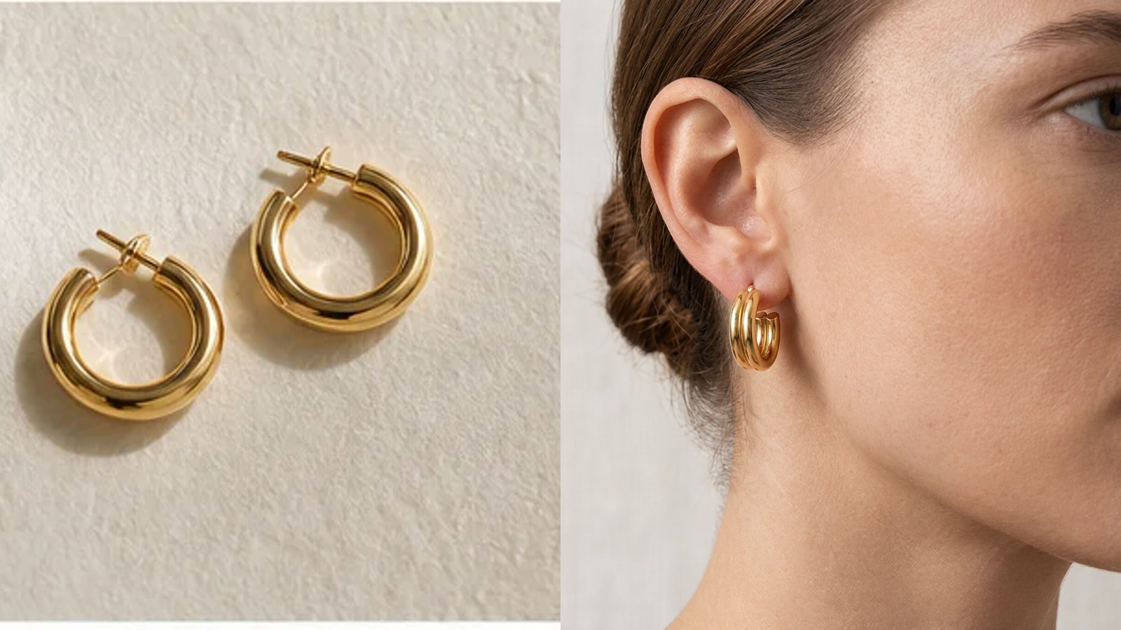 Verified before-and-after test — Compare the real earring source with the generated on-model result before approving scale, construction, and metal color.