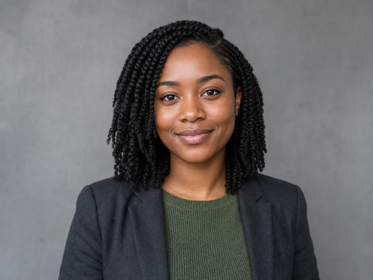 Approachable tech profile — Smart-casual styling and a quiet gray background keep the face clear for job-search and team profiles.