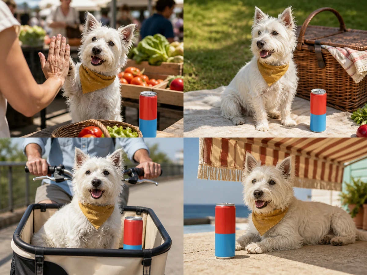 Carry one subject across a compact image set — Compare the can and terrier across studio, market, picnic, and poster placements to find where shape, markings, material, or proportion begins to drift.