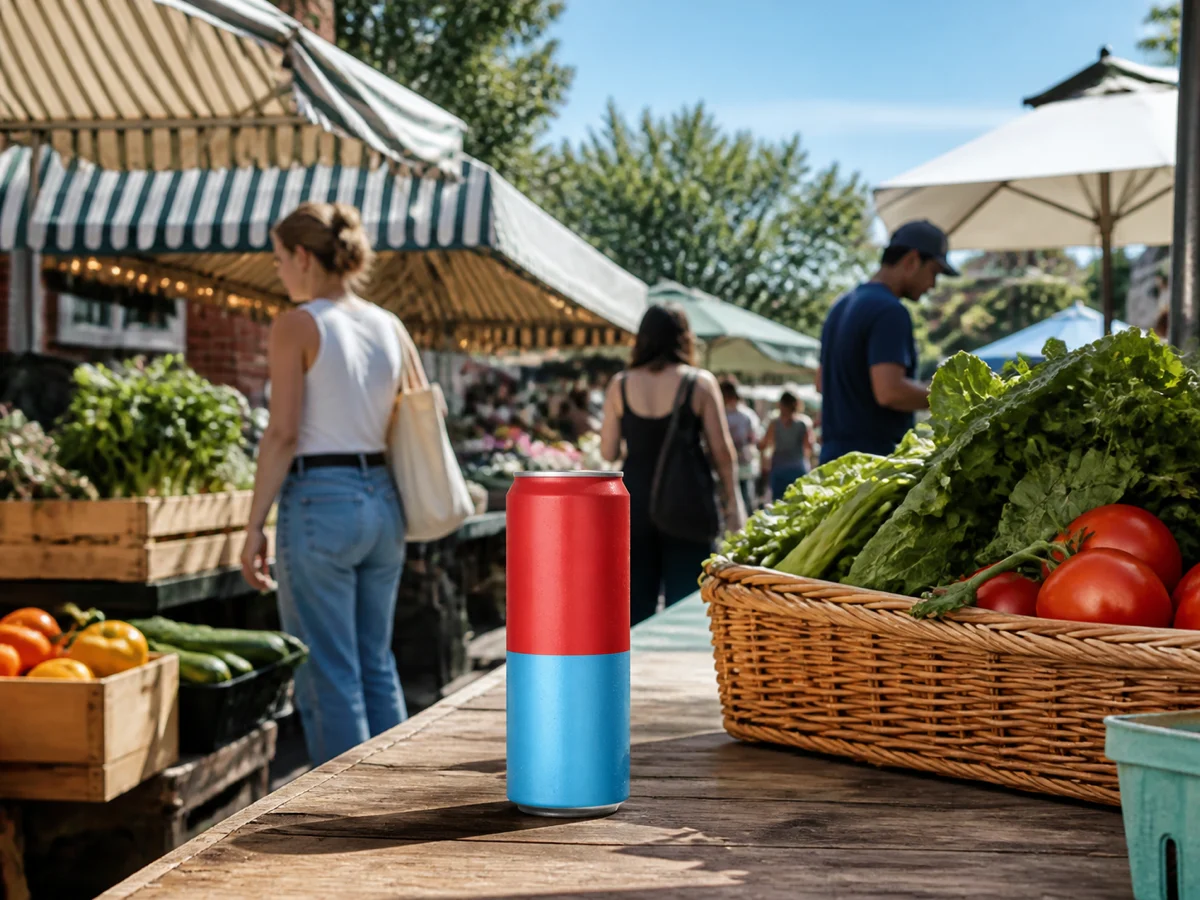 Move the product into a believable market scene — Place the same slim can in a contemporary weekend-market setting, then inspect scale, condensation, contact, shadows, and whether the scene still reads clearly at feed size.