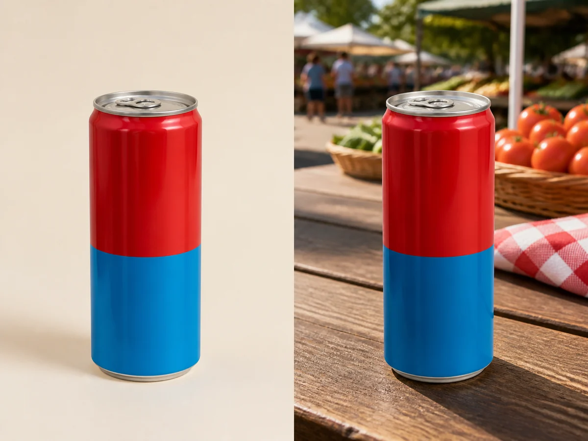 Change one campaign condition at a time — Use references to revise the table, color mood, dog position, or surrounding props while protecting the can silhouette, palette, camera angle, and core composition.