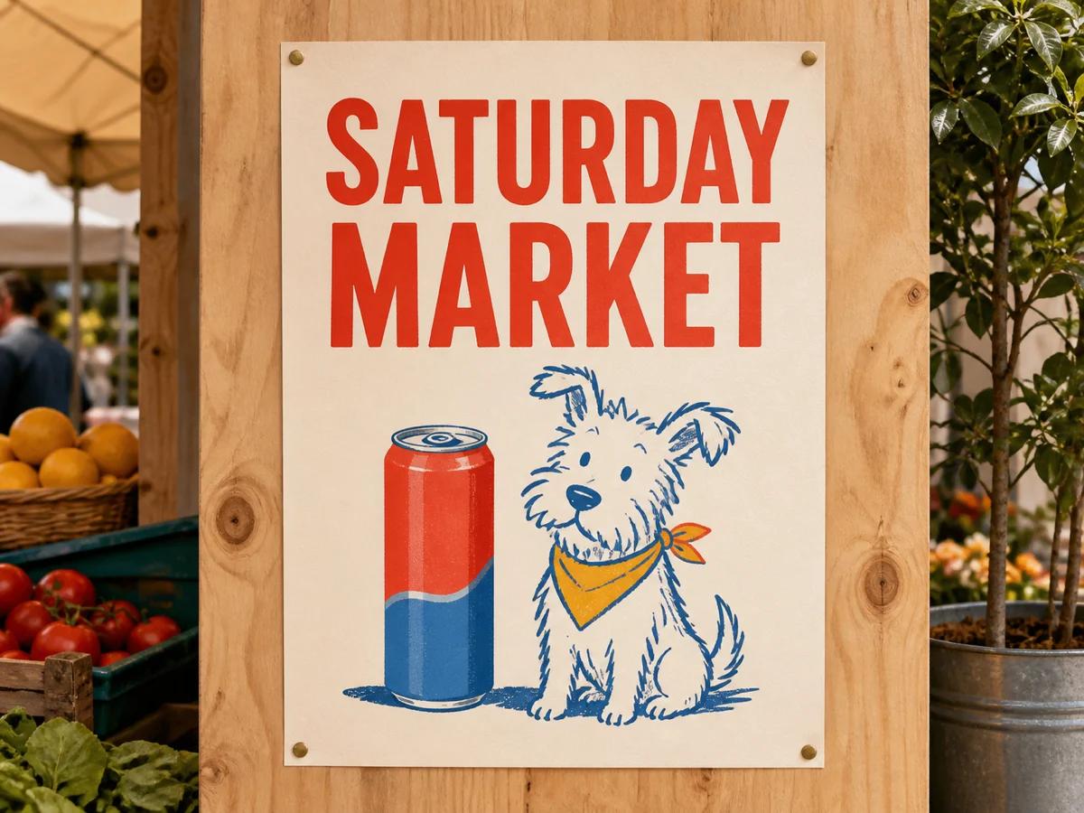 Build a short-text poster direction — Generate a bold SATURDAY MARKET layout, then verify every letter, safe area, hierarchy, contrast, and relationship between the headline and the product.