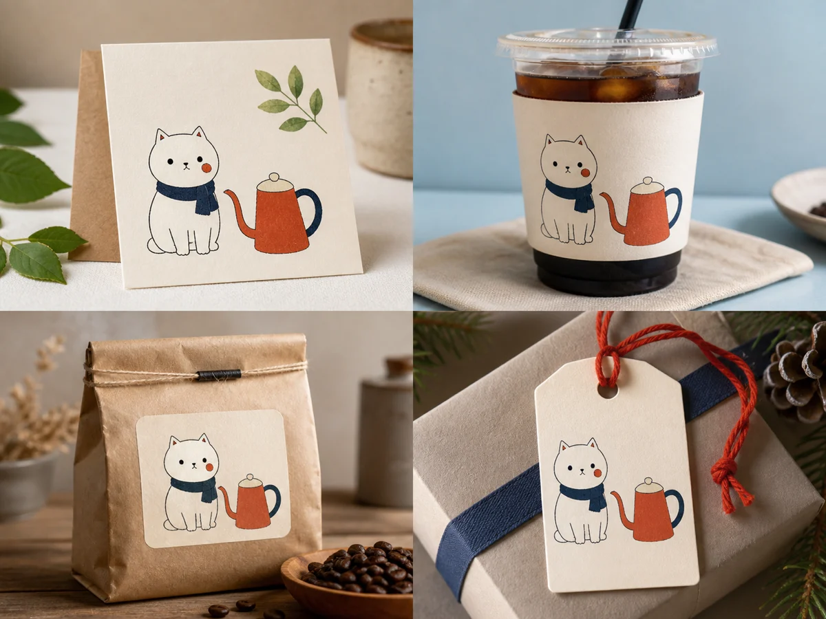 同じ道具と猫を複数の場面へ展開する — 店内、窓辺、商品カット、告知画像で見比べ、ケトルの輪郭、猫の顔と模様、素材感、比率のずれを探します。