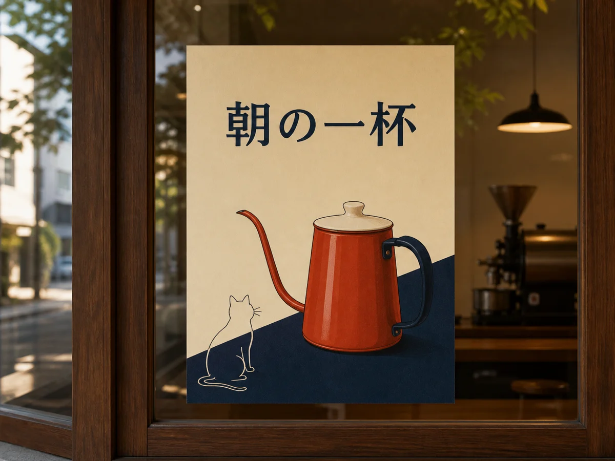 短い日本語の告知案を作る — 「朝の一杯」を使った店頭告知を作り、文字、送り仮名、余白、読み順、コントラスト、商品の見え方を一つずつ確認します。