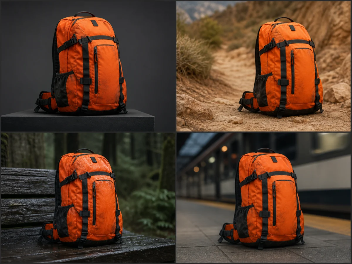 Carry one reference subject across placements — Compare the same object in studio, outdoor, wet-weather, and urban scenes to find where silhouette, material, or small features begin to drift.