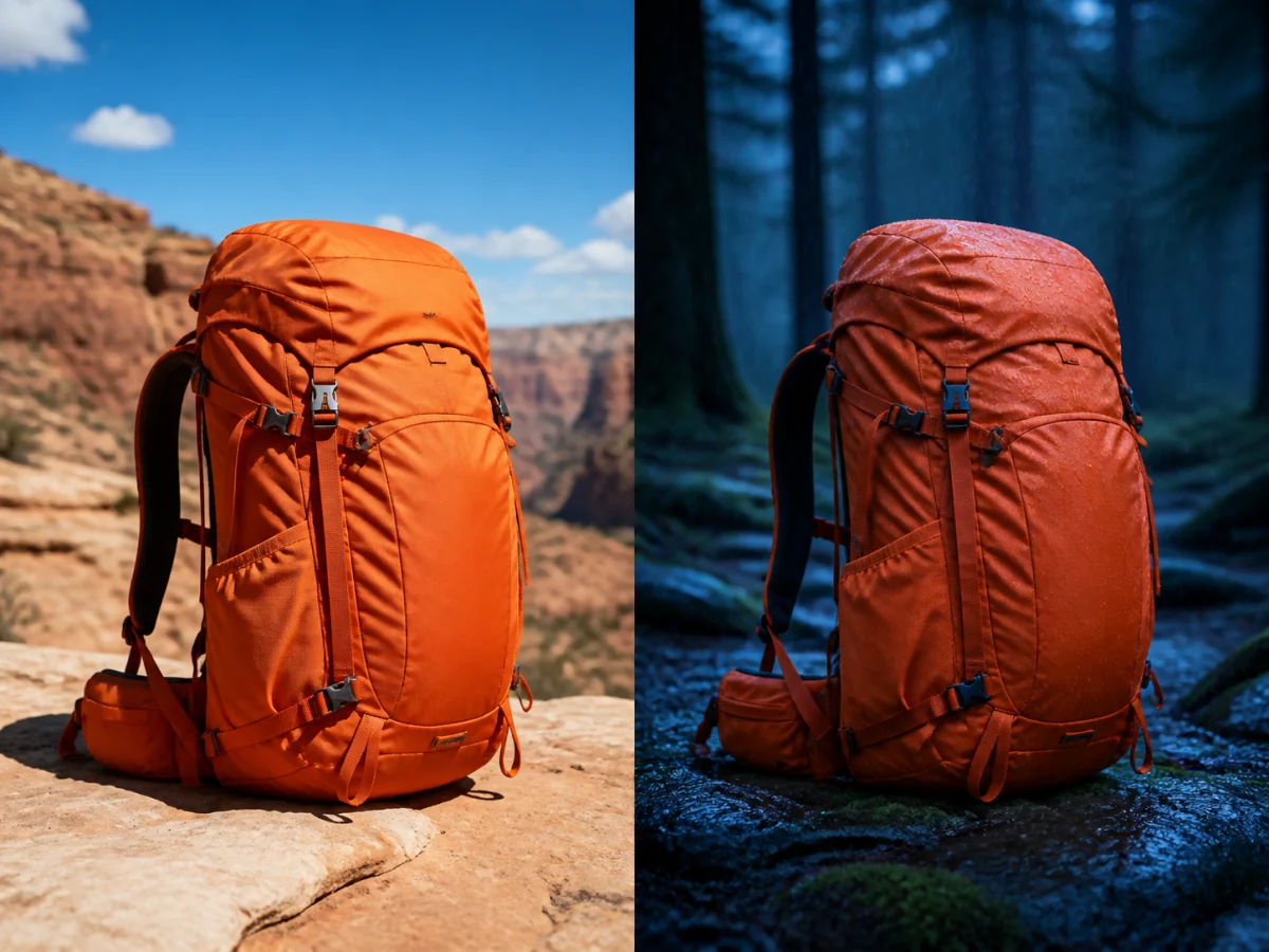 Change the environment without changing the product — Use a controlled edit brief to move the same object from dry daylight to a rainy evening while protecting geometry, color, hardware, and camera angle.