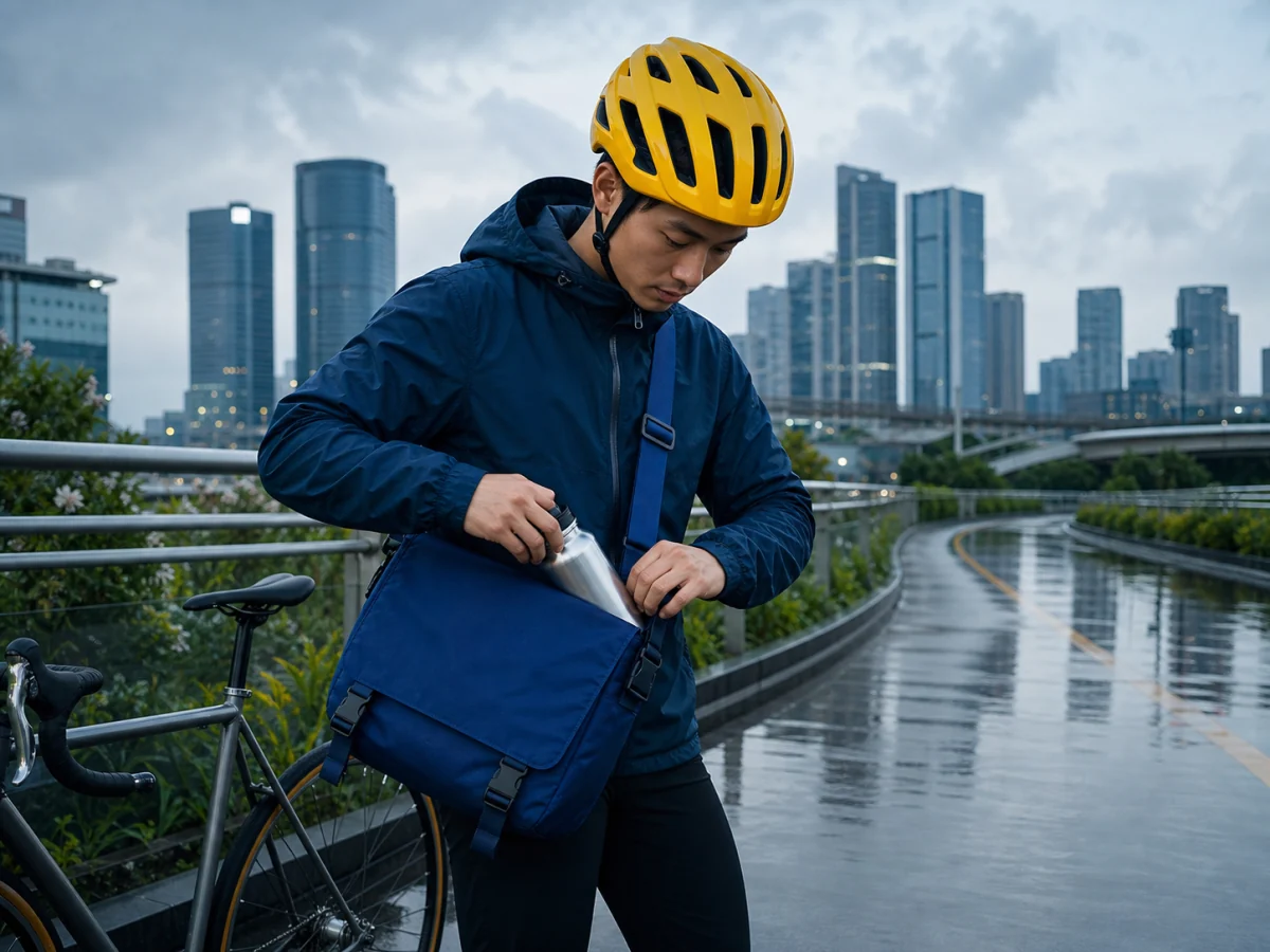 把多张素材融合成一个可信场景 — 分别指定头盔、通勤包、人物和城市道路的用途，再检查尺度、接触关系、材质、透视与环境光是否自然。