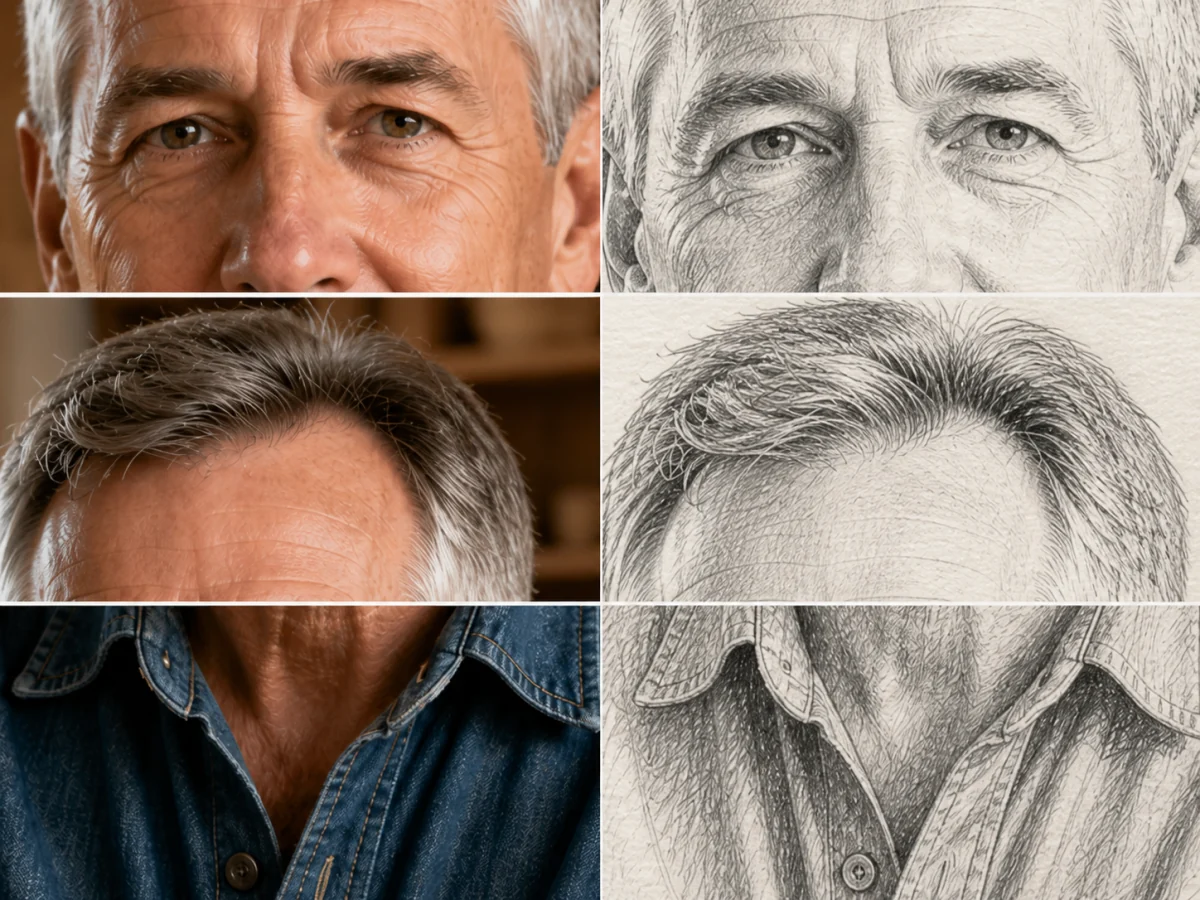 Inspect likeness at full size — Close crops reveal whether the eyes, silver hair, collar, and cross-hatching support the same person rather than a generic face.