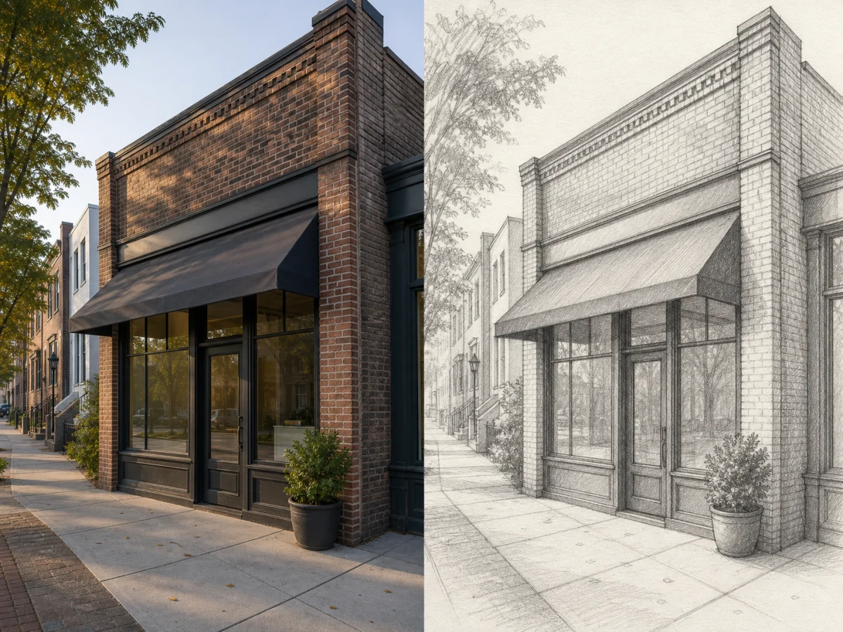 Translate perspective, not flatten it — A storefront needs consistent brick rhythm, window divisions, awning angles, and street depth to remain believable.