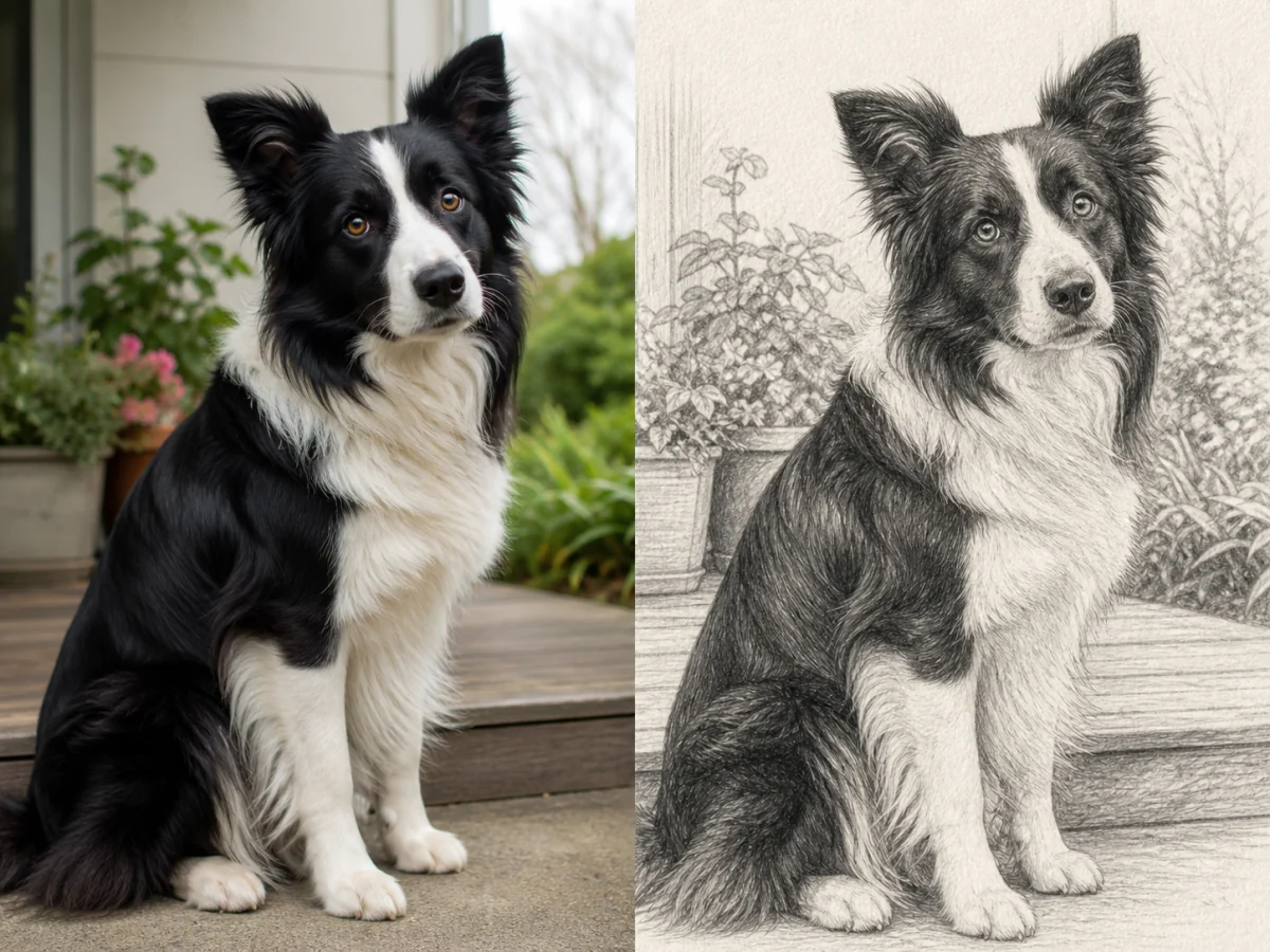 Preserve a pet's markings and expression — Check the eye shape, blaze, ear position, whiskers, and fur direction so the drawing still reads as the same animal.
