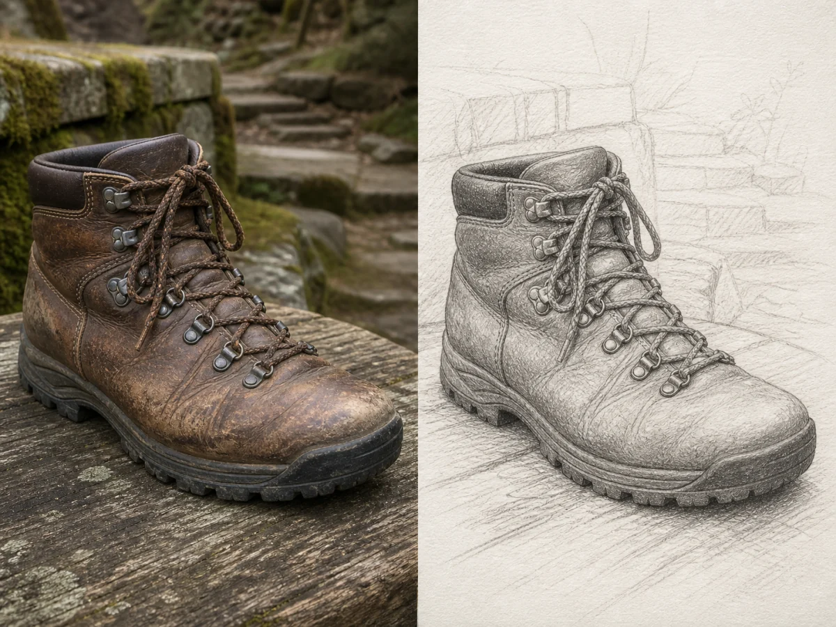 Keep product construction readable — Laces, seams, sole geometry, hardware, and worn leather texture should remain coherent after the move to pencil linework.