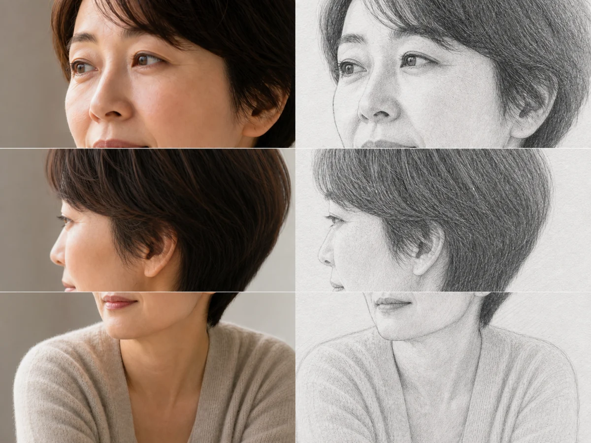 目元と髪を拡大して見比べる — 人物は、目の位置、横顔、短い髪の流れ、襟元の編み目を見ると、別人化や不自然な線を見つけやすくなります。