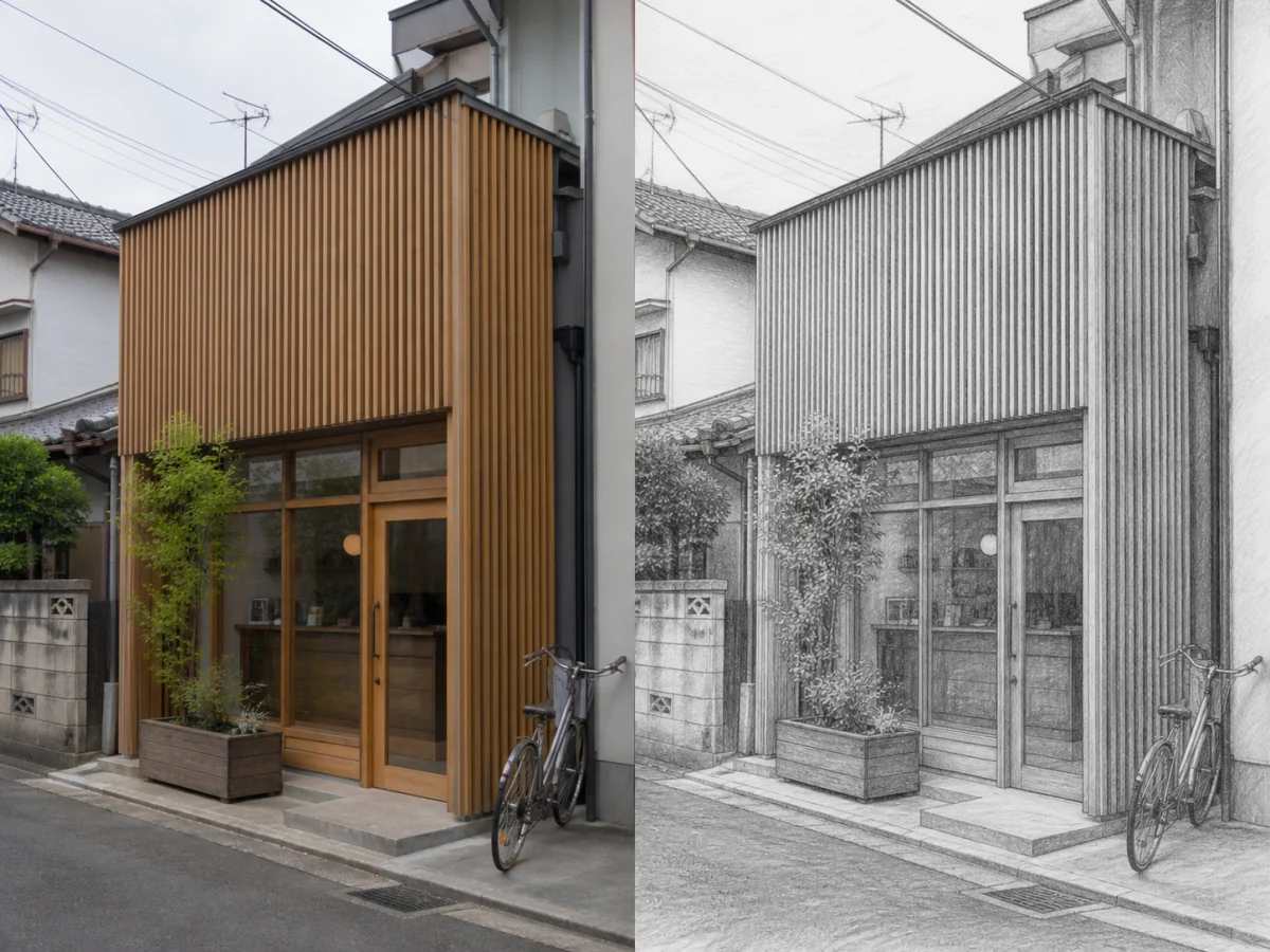 建物のリズムと遠近感を保つ — 木の縦格子、窓、入口、自転車、道路の方向が揃っているかを見ると、建築の歪みに気づけます。