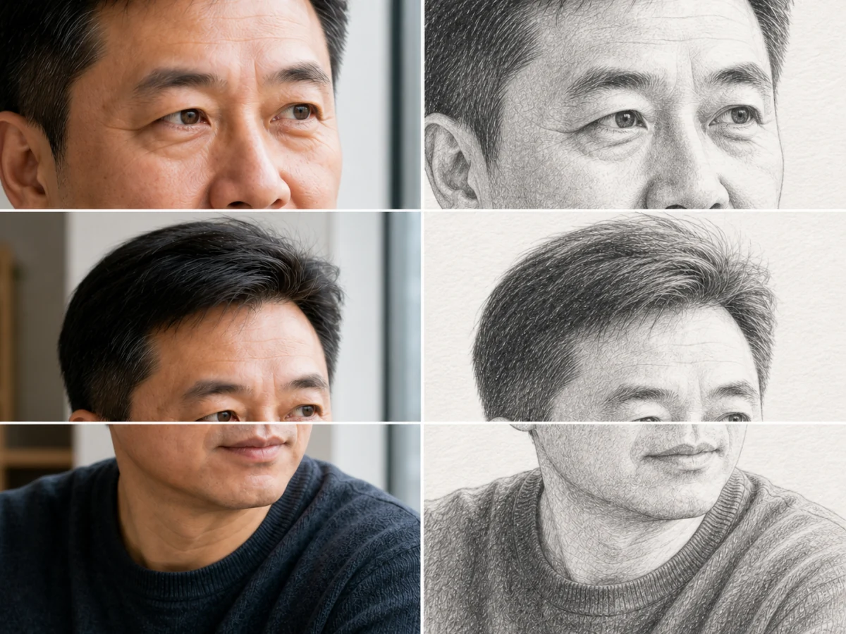 放大核对人物识别度 — 眼睛、短发、嘴角和针织领口的近景能直接暴露五官漂移、过度磨皮或笔触失真的问题。