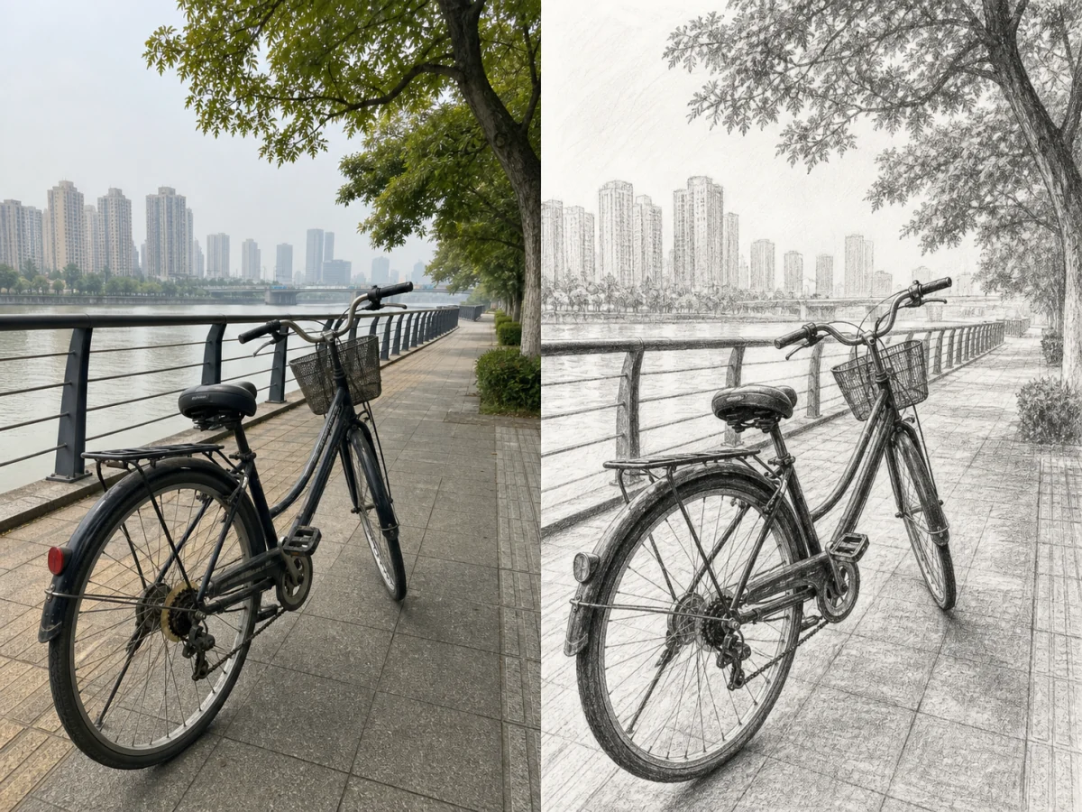 让自行车和城市透视站得住 — 车轮、车架、栏杆和河岸线需要保持一致的方向，避免素描把日常场景画歪或压平。