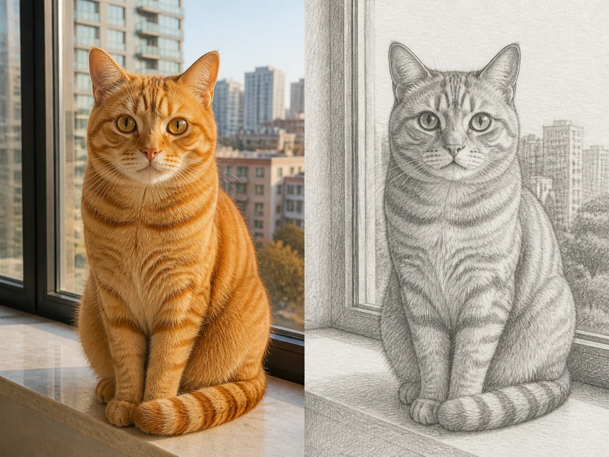 留住宠物的眼神和毛色纹路 — 橘猫的眼睛形状、额头条纹、胡须和坐姿决定了熟悉感，不能只剩一只通用的猫。