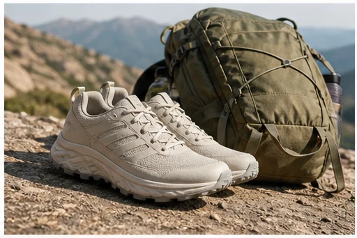 Outdoor launch scene — Give footwear and carry goods a believable trailhead context without hiding product shape.