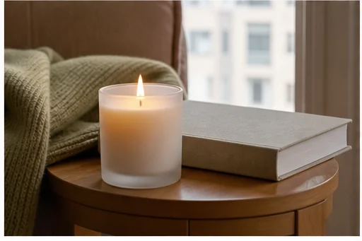Home fragrance moment — Use restrained light and tactile surfaces to suggest atmosphere while keeping the candle legible.