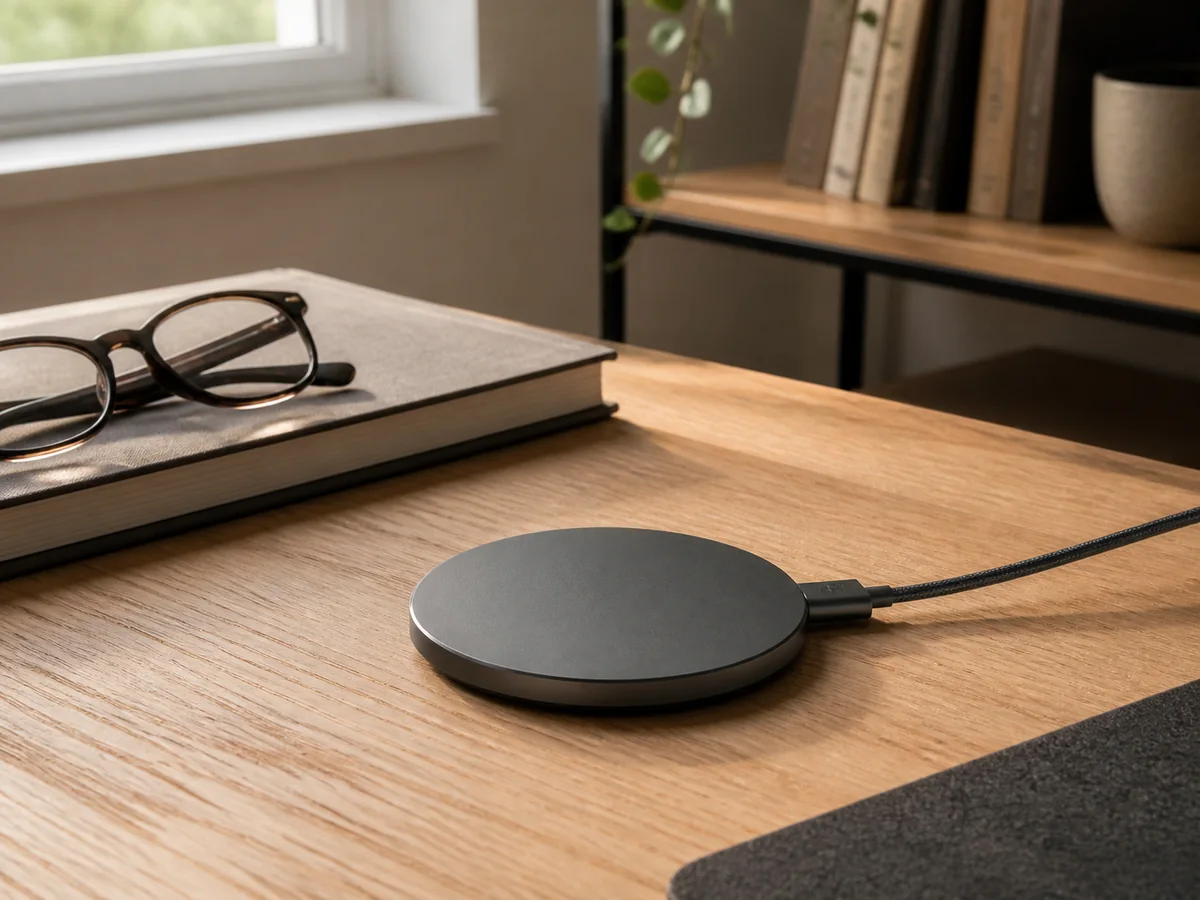 Focused tech desk — Show a compact device in a realistic work setup so scale and daily use are immediately clear.