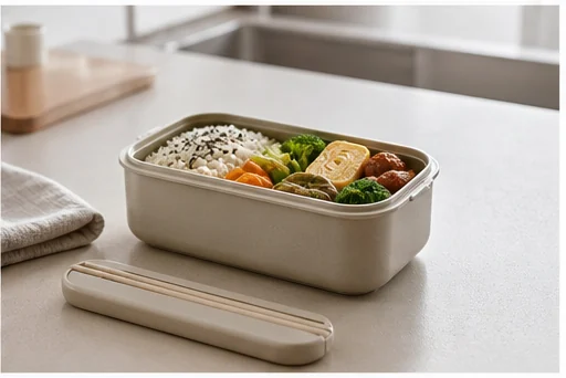食卓の使用シーン — 弁当箱のサイズと利用場面を、落ち着いた食卓の文脈で分かりやすく見せます。