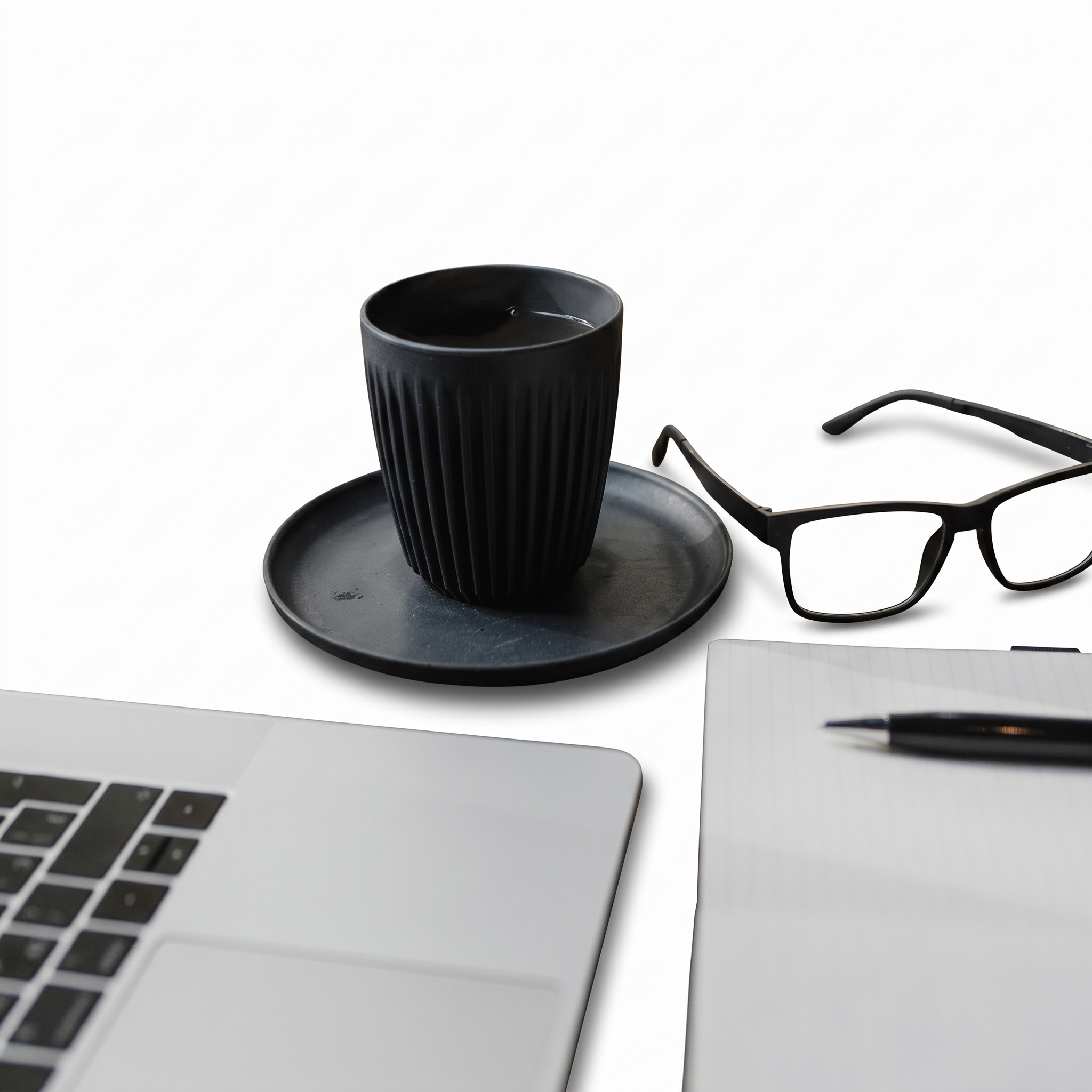 First unretouched output: white background with the cup, glasses, laptop and notebook all retained