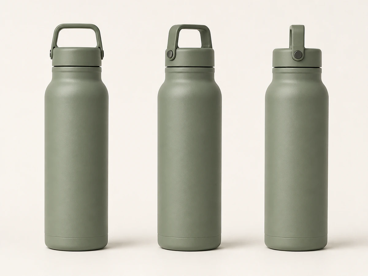Three consistent catalog angles of the same sage-green insulated travel bottle