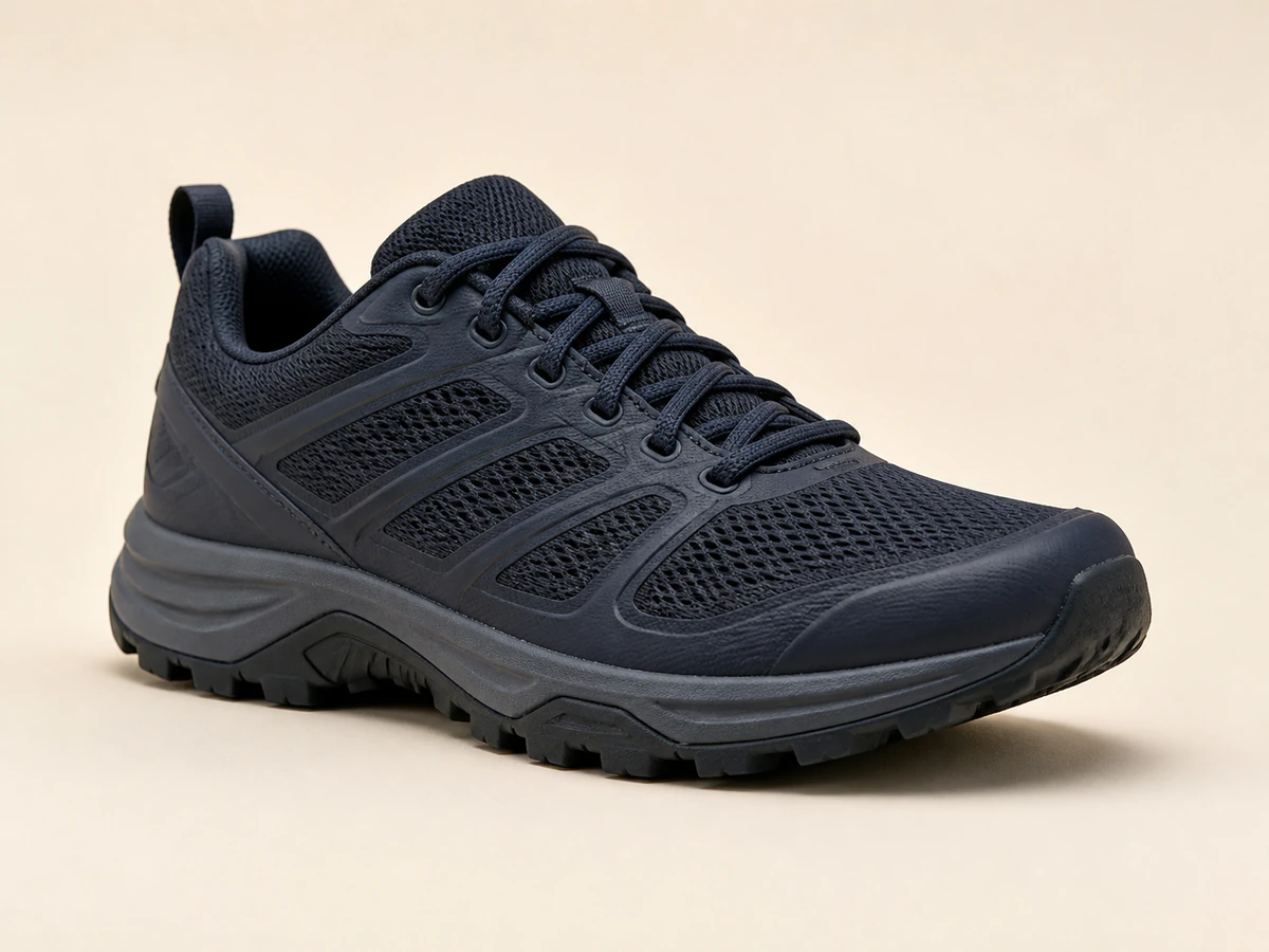 Navy trail shoe showing mesh texture, laces, edges, and sole profile on a warm light background