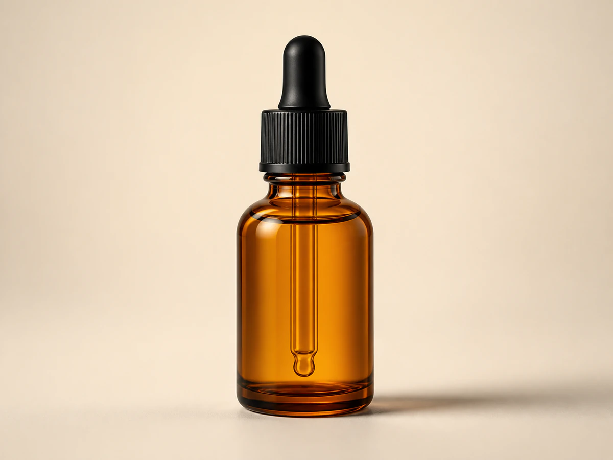 Amber glass serum bottle with controlled highlights and a grounded studio shadow