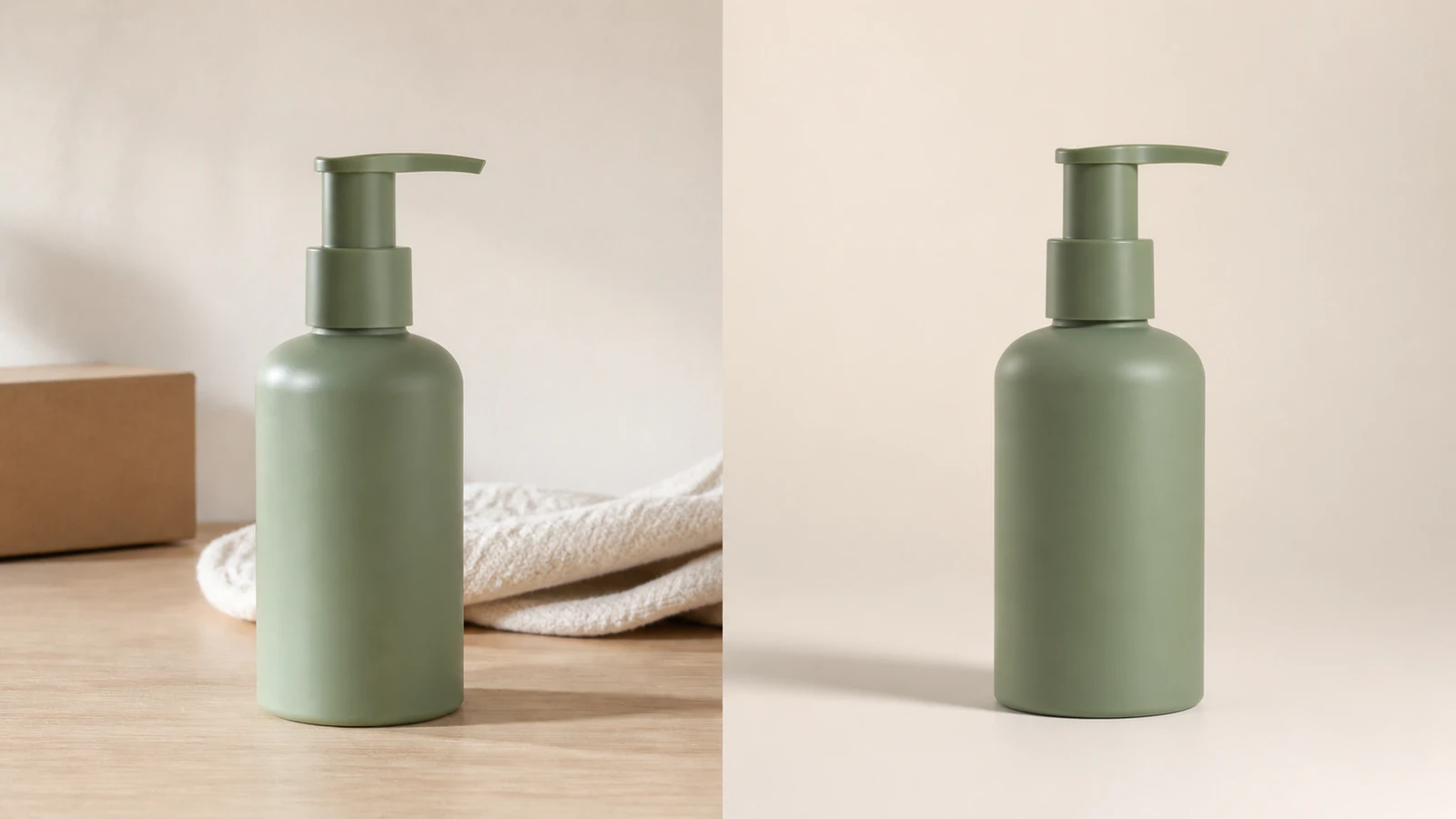 Sage-green pump bottle shown before and after becoming a clean ecommerce packshot