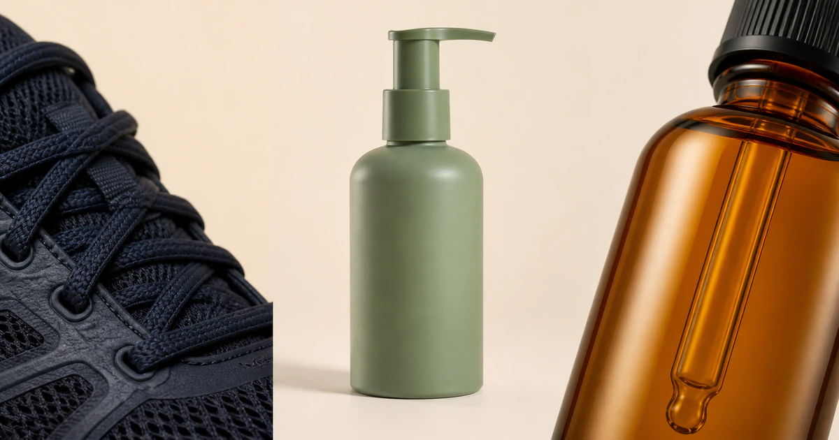 Sage pump bottle framed by navy shoe texture and amber glass product details