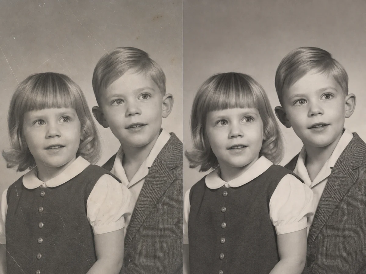 Check repair against real detail — A clearer result should preserve sibling likeness, hair, clothing, and pose instead of smoothing everyone into generic faces.
