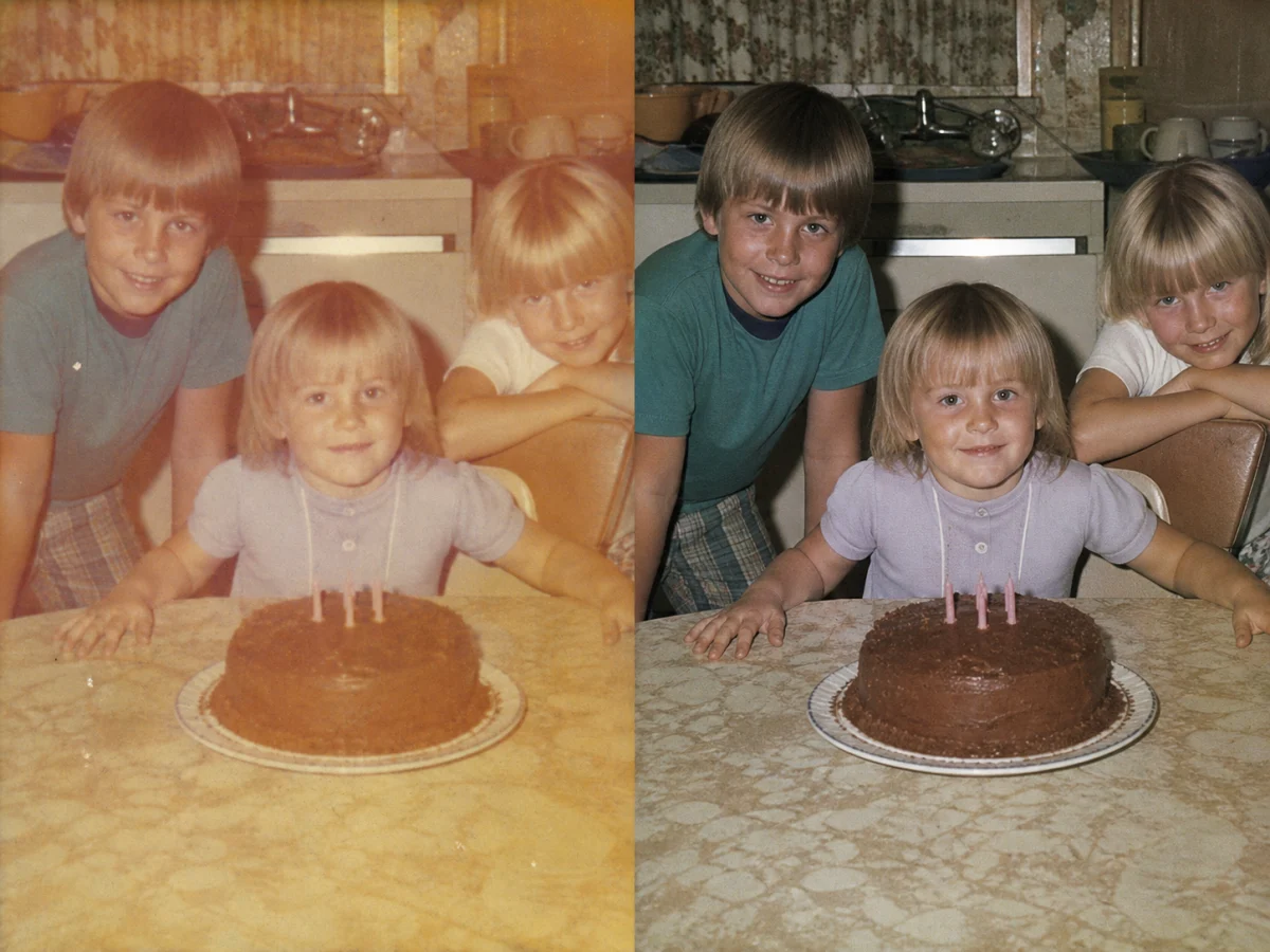 Recover a faded childhood snapshot — Bring back useful contrast and natural color while keeping the child's expression, clothing, cake, and home setting intact.