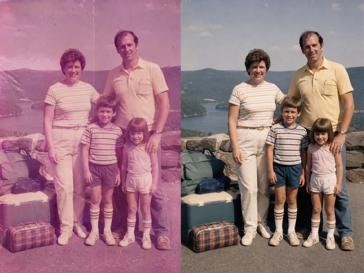 Clean up a family road-trip print — Reduce fading and surface marks without changing the people, vehicle, landscape, or the warm character of the original print.