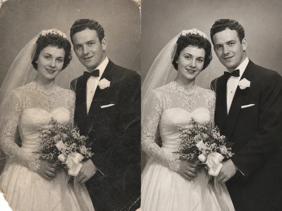 Keep a wedding photo monochrome — Remove scratches and lift detail without inventing color or turning a mid-century portrait into a modern studio image.