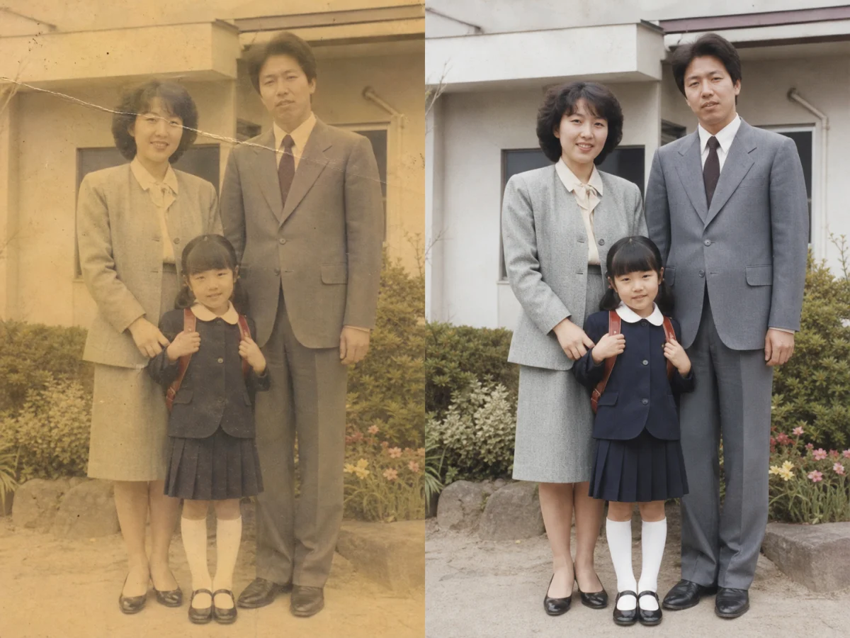 入学の日の家族写真を整える — 色あせを抑えても、制服、ランドセル、表情、玄関まわりの季節感が変わっていないかを確かめます。