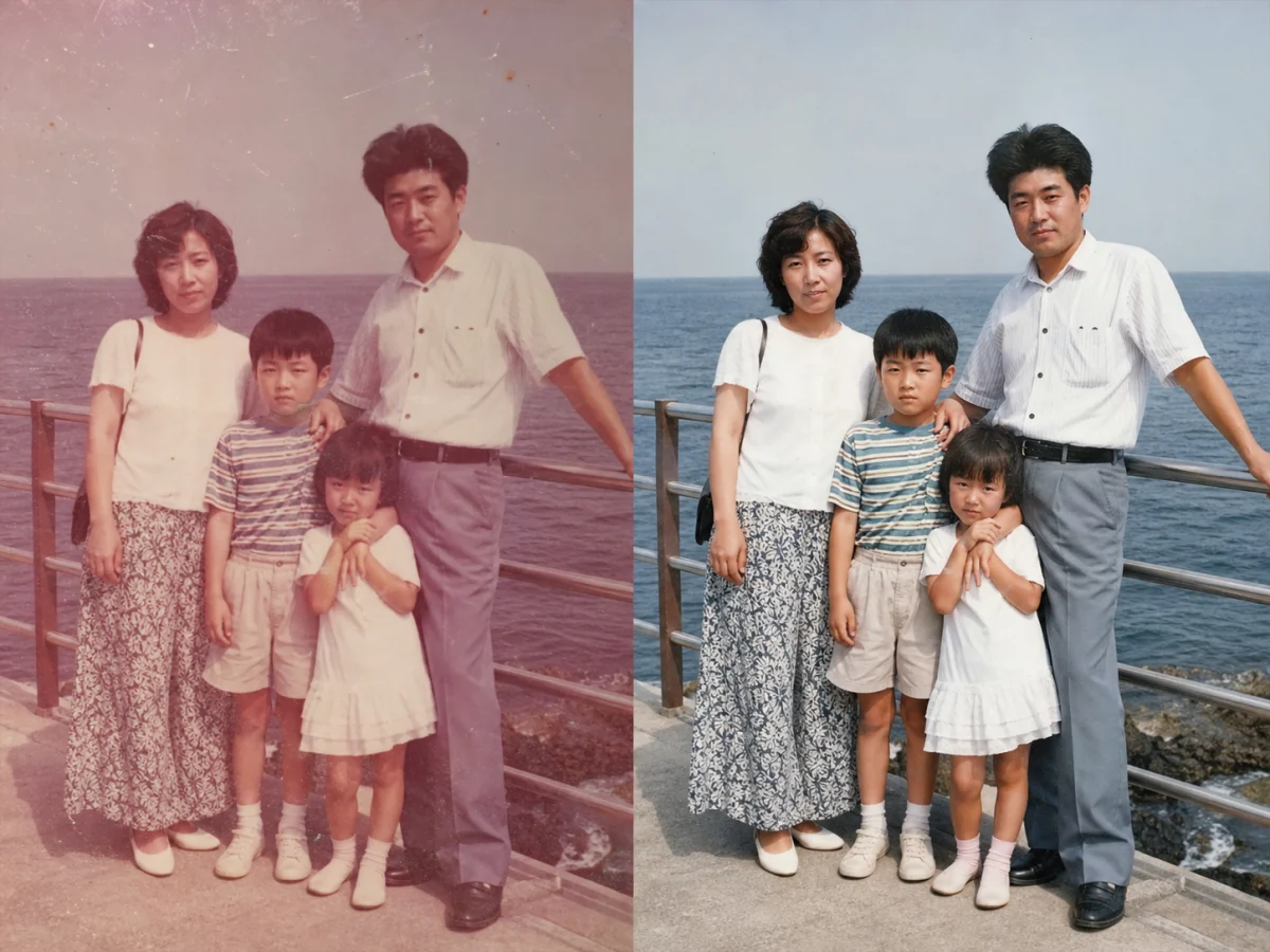 海辺のスナップを見やすくする — 日焼けした色と弱いコントラストを補い、人物、波打ち際、服装の関係を自然に保ちます。